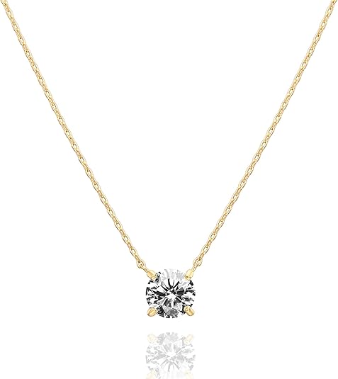 PAVOI 14K Gold Plated Crystal Solitaire 1.5 Carat (7.3mm) Cubic Zirconia Dainty Choker Necklace